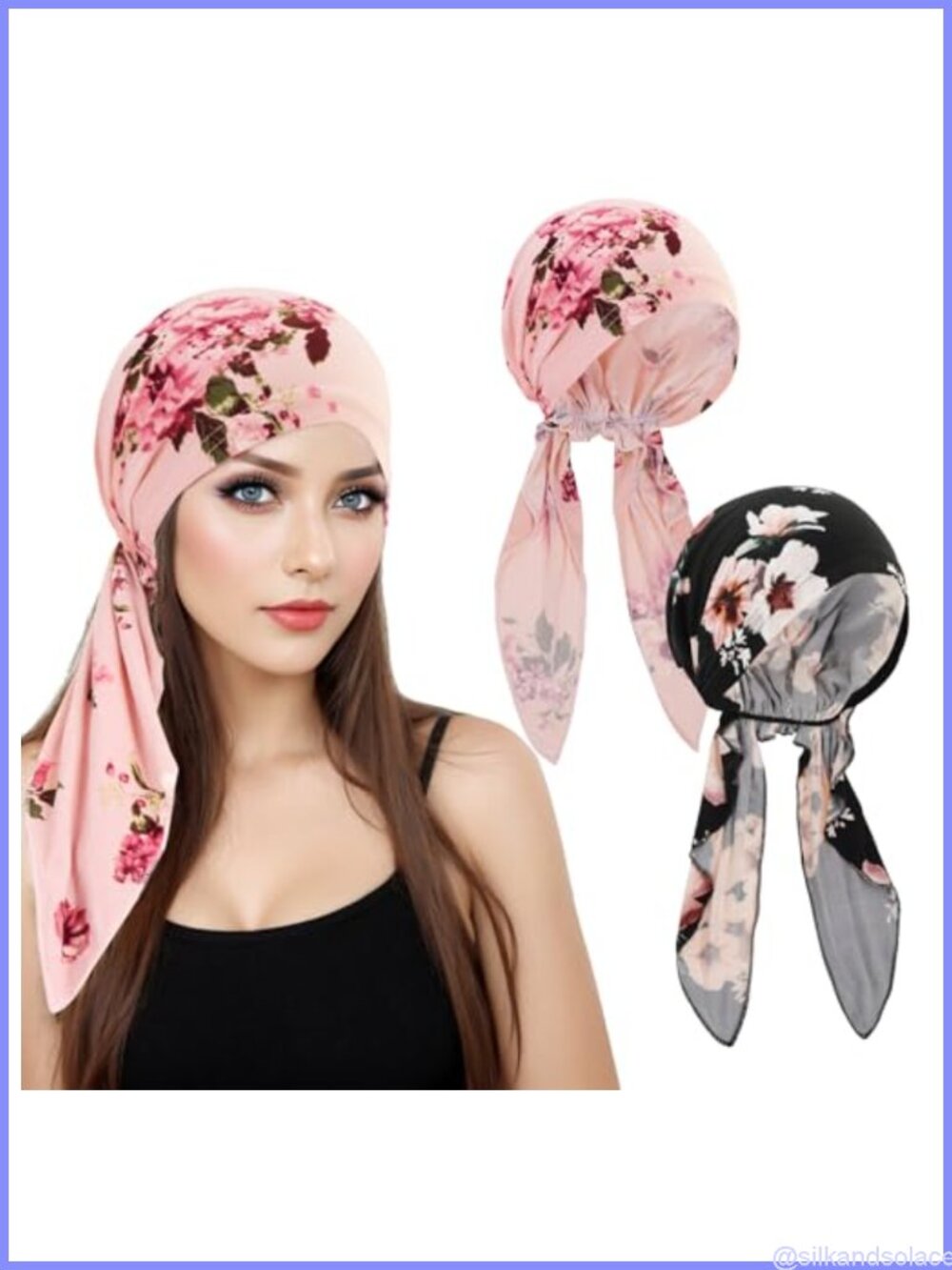 2 Pre Tied Chemo Headwear Women Floral Turban Beanie Polyester Cancer Headscarf